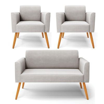 Sofá Namoradeira Com 2 Poltronas Pés Palito Castanho Marisa Veludo D03 - D\'rossi Cor Cinza