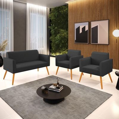 Sofá Namoradeira Com 2 Poltronas Pés Palito Castanho Marisa Corino D03 - D\'rossi Cor Preto