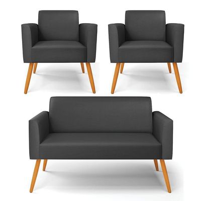 Sofá Namoradeira Com 2 Poltronas Pés Palito Castanho Marisa Corino D03 - D\'rossi Cor Preto