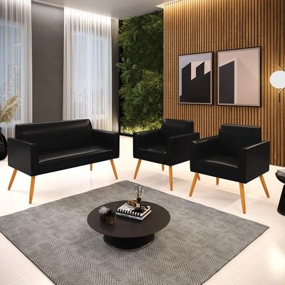 Sofá Namoradeira Com 2 Poltronas Pés Palito Castanho Marisa Corano D03 - D\'rossi Cor Preto