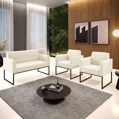 Sofá Namoradeira Com 2 Poltronas Base Industrial Preto Marisa Veludo D03 - D\'rossi Cor Bege