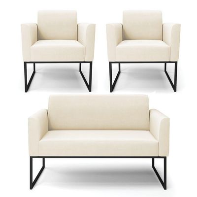 Sofá Namoradeira Com 2 Poltronas Base Industrial Preto Marisa Veludo D03 - D\'rossi Cor Bege