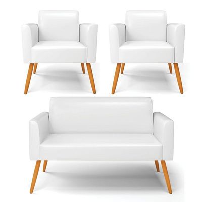Sofá Namoradeira Com 2 Poltronas Pés Palito Castanho Marisa Corano D03 - D\'rossi Cor Branco