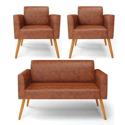 Sofá Namoradeira Com 2 Poltronas Pés Palito Castanho Marisa Corano D03 - D\'rossi Cor Nozes