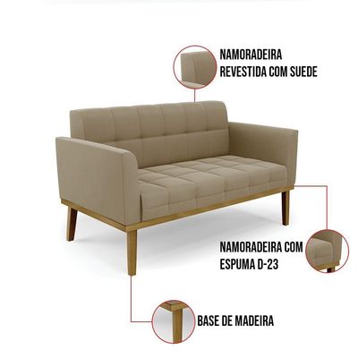 Namoradeira Com 2 Poltronas Base De Madeira Castanho Elisa Suede D03 - D\'rossi Cor Marrom Rato