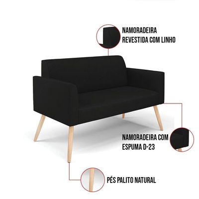 Sofá Namoradeira Com 2 Poltronas Pés Palito Natural Marisa Linho D03 - D\'rossi Cor A79 Preto