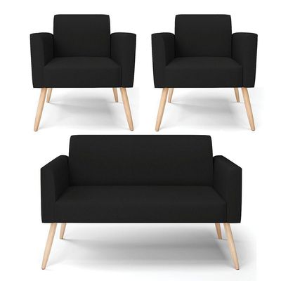 Sofá Namoradeira Com 2 Poltronas Pés Palito Natural Marisa Linho D03 - D\'rossi Cor A79 Preto