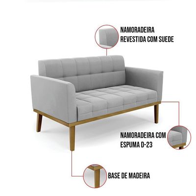 Namoradeira Com 2 Poltronas Base De Madeira Castanho Elisa Suede D03 - D\'rossi Cor Cinza