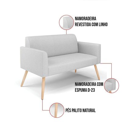 Sofá Namoradeira Com 2 Poltronas Pés Palito Natural Marisa Linho D03 - D\'rossi Cor A05 Cinza