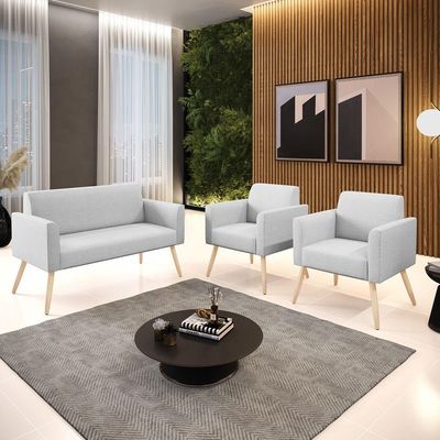 Sofá Namoradeira Com 2 Poltronas Pés Palito Natural Marisa Linho D03 - D\'rossi Cor A05 Cinza