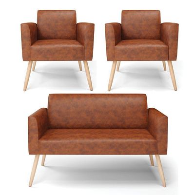 Sofá Namoradeira Com 2 Poltronas Pés Palito Natural Marisa Corano D03 - D\'rossi Cor Nozes