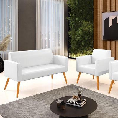 Sofá Namoradeira Com Poltrona Pés Palito Castanho Marisa Corano D03 - D\'rossi Cor Branco