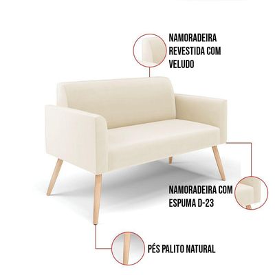 Sofá Namoradeira Com Poltrona Pés Palito Natural Marisa Veludo D03 - D\'rossi Cor Bege