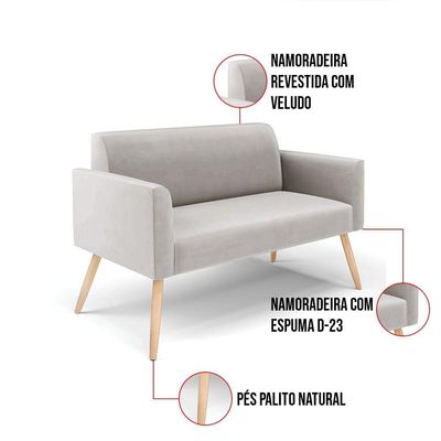 Sofá Namoradeira Com Poltrona Pés Palito Natural Marisa Veludo D03 - D\'rossi Cor Cinza