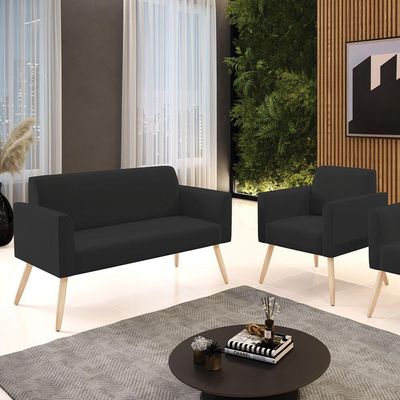 Sofá Namoradeira Com Poltrona Pés Palito Natural Marisa Veludo D03 - D\'rossi Cor Preto