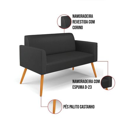 Sofá Namoradeira Com Poltrona Pés Palito Castanho Marisa Corino D03 - D\'rossi Cor Preto