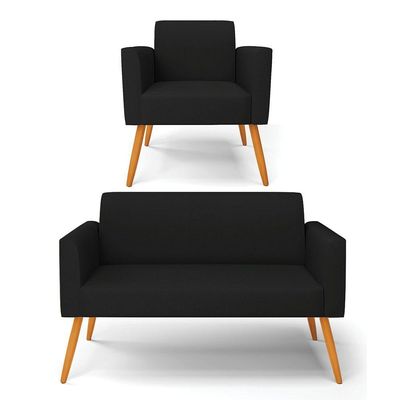 Sofá Namoradeira Com Poltrona Pés Palito Castanho Marisa Linho D03 - D\'rossi Cor A79 Preto