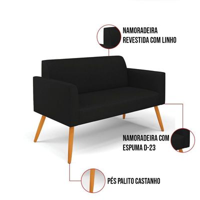 Sofá Namoradeira Com Poltrona Pés Palito Castanho Marisa Linho D03 - D\'rossi Cor A79 Preto