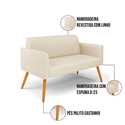 Sofá Namoradeira Com Poltrona Pés Palito Castanho Marisa Linho D03 - D\'rossi Cor A19 Bege