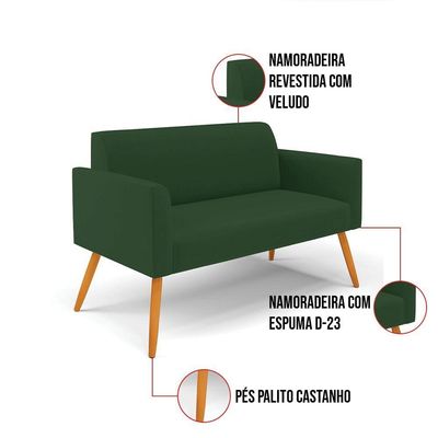 Sofá Namoradeira Pés Palito Castanho Marisa Veludo D03 - D\'rossi Cor Verde