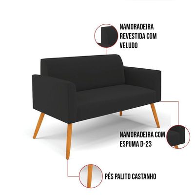 Sofá Namoradeira Pés Palito Castanho Marisa Veludo D03 - D\'rossi Cor Preto