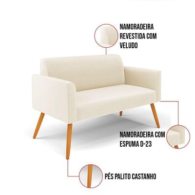 Sofá Namoradeira Pés Palito Castanho Marisa Veludo D03 - D\'rossi Cor Bege