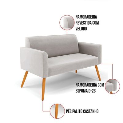 Sofá Namoradeira Pés Palito Castanho Marisa Veludo D03 - D\'rossi Cor Cinza