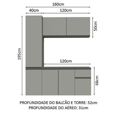 Armário De Cozinha Completa Suspenso 160cm Cinza Nice Madesa 02 Cinza