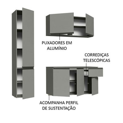 Armário De Cozinha Completa Suspenso 160cm Cinza Nice Madesa 02 Cinza