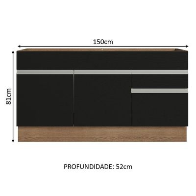 Balcão Gabinete De Pia Madesa Glamy 150 Cm 2 Gavetas 2 Portas (sem Tampo E Pia) - Rustic/preto
