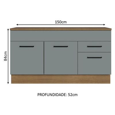 Balcão Gabinete De Pia Madesa Agata 150 Cm 2 Gavetas 2 Portas (com Tampo) - Rustic/cinza