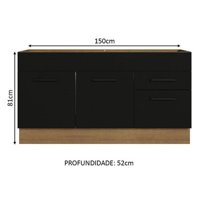 Balcão Gabinete De Pia Madesa Agata 150 Cm 2 Portas E 2 Gavetas (sem Tampo E Pia) - Rustic/preto