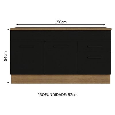Balcão Gabinete De Pia Madesa Agata 150 Cm 2 Gavetas 2 Portas (com Tampo) - Rustic/preto