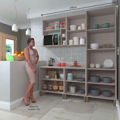 Cozinha Compacta 5Peças C Balcões Aéreos Vidro Reflecta E Tampo Stylo Luciane Móveis Cinammon-beige