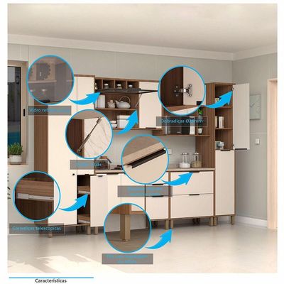Cozinha Completa 6 Peças Balcões Aéreos Vidro Reflecta Comtampo Aspen Luciane Móveis Vanilla-beige