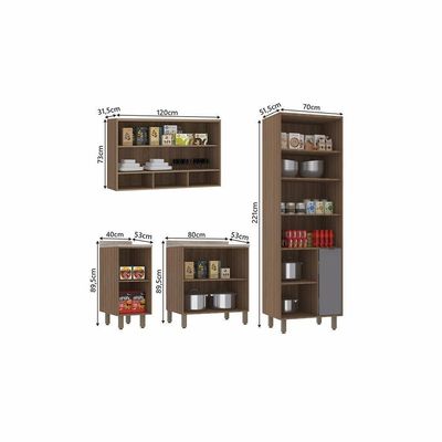 Cozinha Compacta 4Peças Balcões Aéreos C Vidro Luciane Móveis Vanilla-cinza Puro