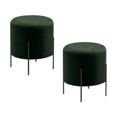 Conjunto - 2 Puffs Banqueta Odim Base Metálica Preta Luxo Veludo Verde