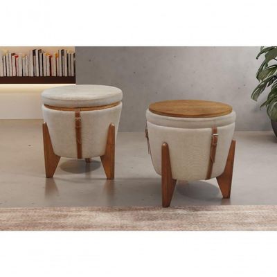 Conjunto - 2 Puffs Banqueta Fênix Baú Mesa Castellar Móbile Linho Bege