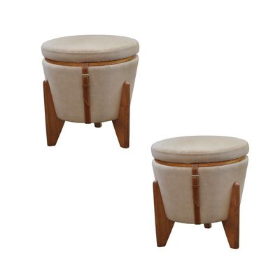 Conjunto - 2 Puffs Banqueta Fênix Baú Mesa Castellar Móbile Linho Bege
