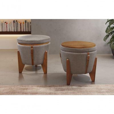 Conjunto - 2 Puffs Banqueta Fênix Baú Mesa Castellar Móbile Linho Cappuccino