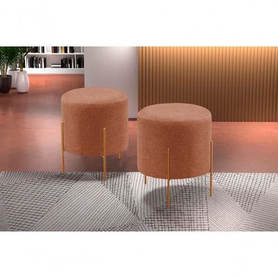 Conjunto - 2 Puff Banqueta Odim Bronze Luxo Castellar Móbile Linho Terracota