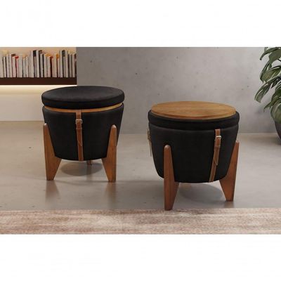 Conjunto - 2 Puffs Banqueta Fênix Baú Mesa Castellar Móbile Corino Preto