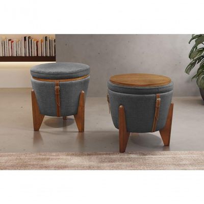 Conjunto - 2 Puffs Banqueta Fênix Baú Mesa Castellar Móbile Linho Cinza