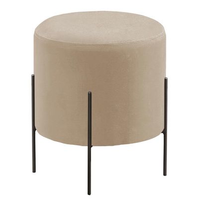 Conjunto - 2 Puffs Banqueta Odim Base Metálica Preta Luxo Veludo Bege Claro