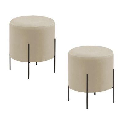 Conjunto - 2 Puffs Banqueta Odim Base Metálica Preta Luxo Veludo Bege Claro