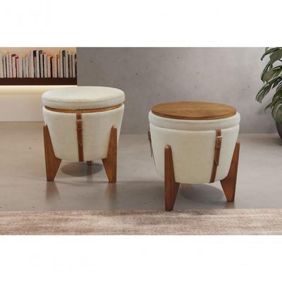 Conjunto - 2 Puffs Banqueta Fênix Baú Mesa Castellar Móbile Veludo Bege Claro