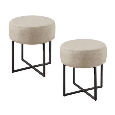 Conjunto - 2 Puffs Banqueta Otávio Base Metálica Preta Luxo Linho Bege Claro
