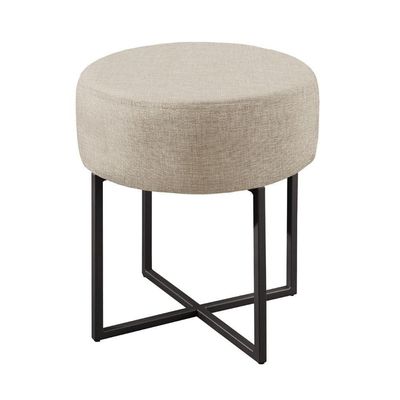Conjunto - 2 Puffs Banqueta Otávio Base Metálica Preta Luxo Linho Bege Claro