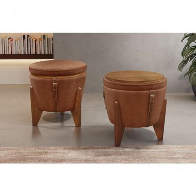 Conjunto - 2 Puffs Banqueta Fênix Baú Mesa Castellar Móbile Corino Caramelo