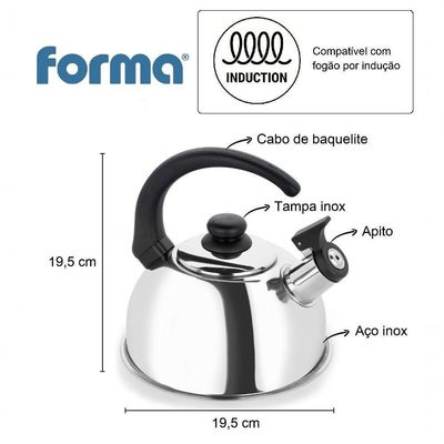 Chaleira Inox Com Apito 2 Litros Compativel Fogão De Indução